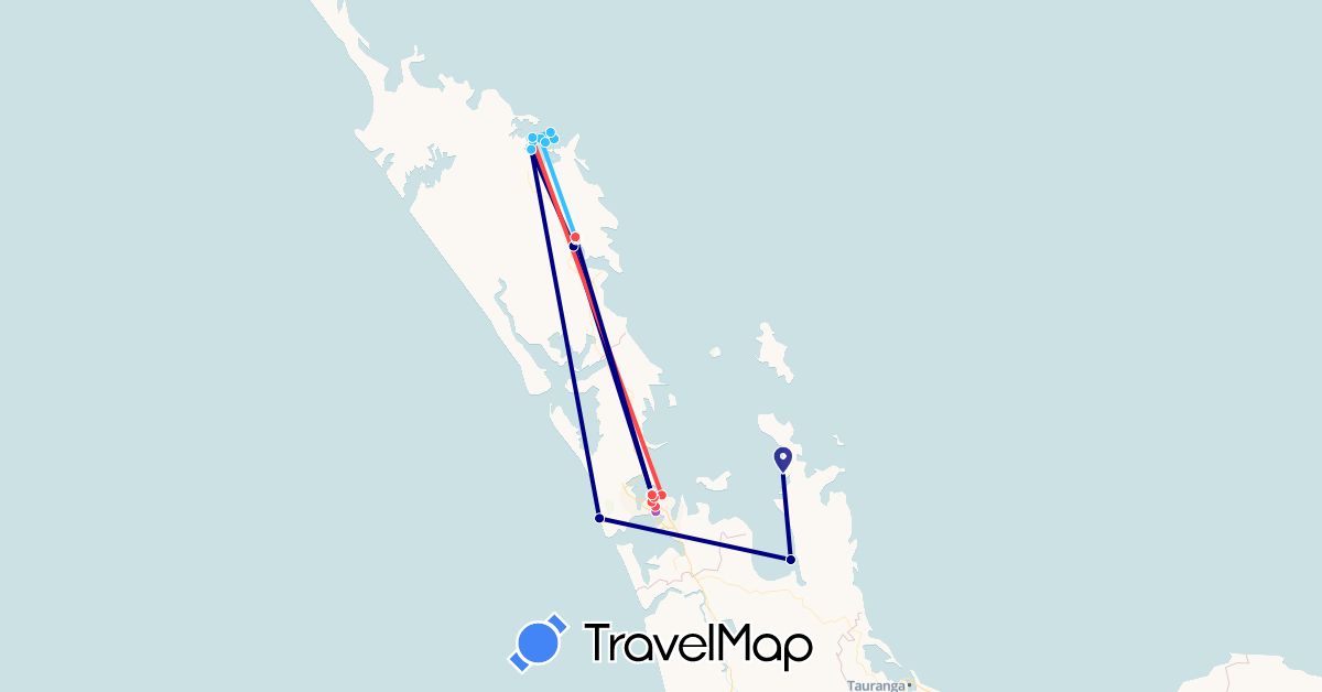 TravelMap itinerary: driving, plane, train, hiking, boat in New Zealand (Oceania)